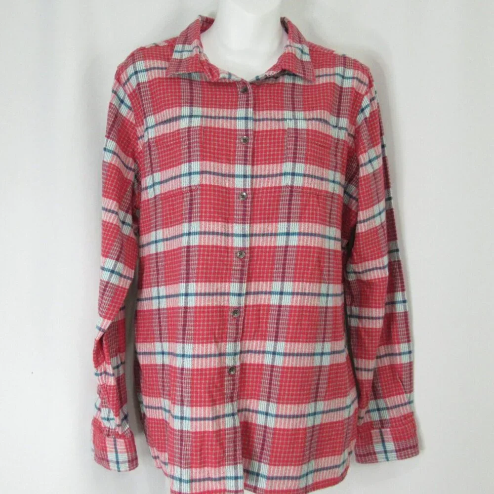 Woolrich Plaid Flannel XL Womens Pink Red Button Up Pockets 100% Cotton - Picture 2 of 9